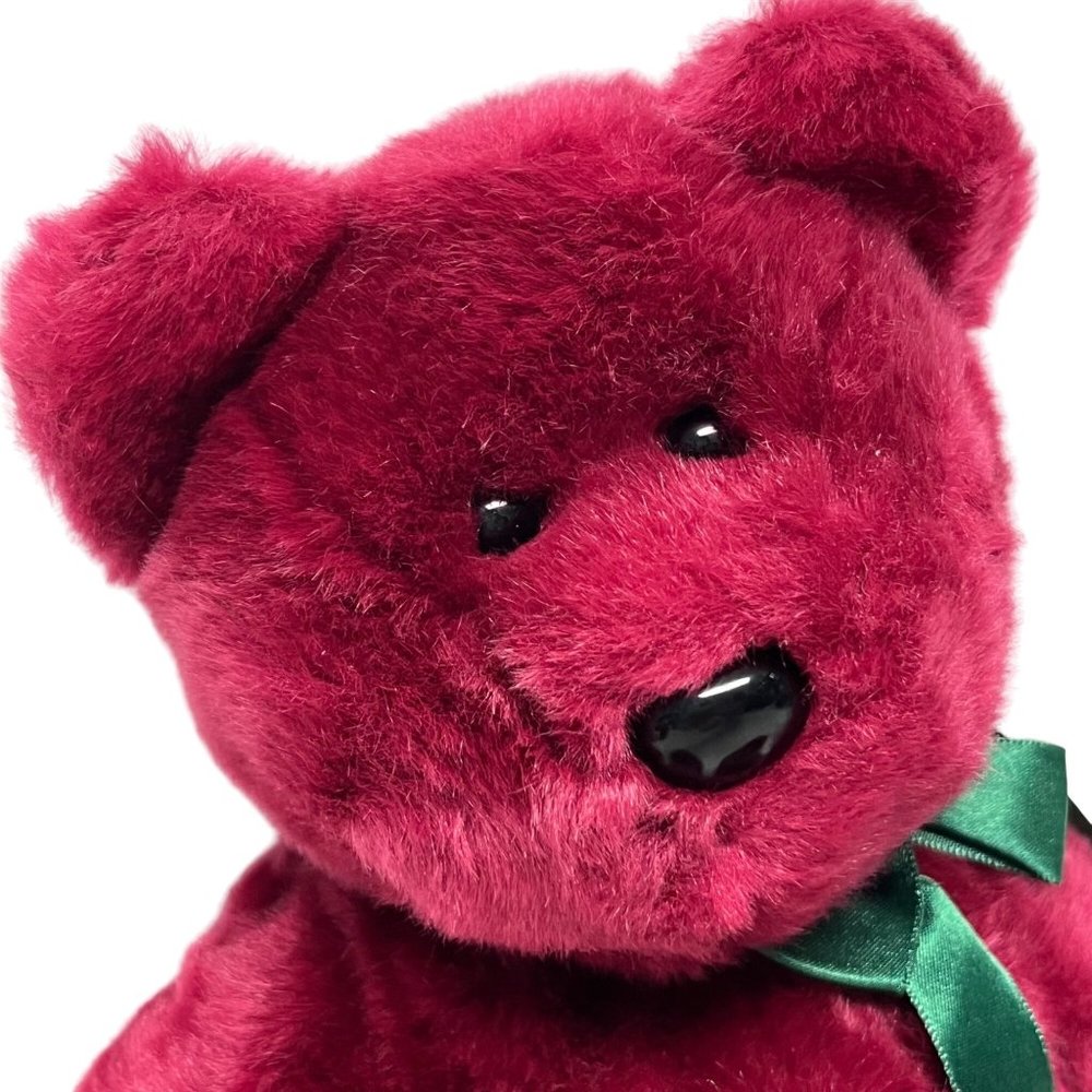 Ty Teddy 13" Beanie Baby Buddies Cranberry Red Plush Bear Green Ribbon Rare - Picture 2 of 7